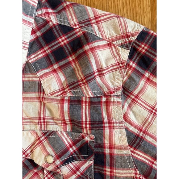 Denver Hayes Plaid Shirt Lg Mens Classic Fit Red Navy Pearl Snap Western Cotton - Picture 5 of 9
